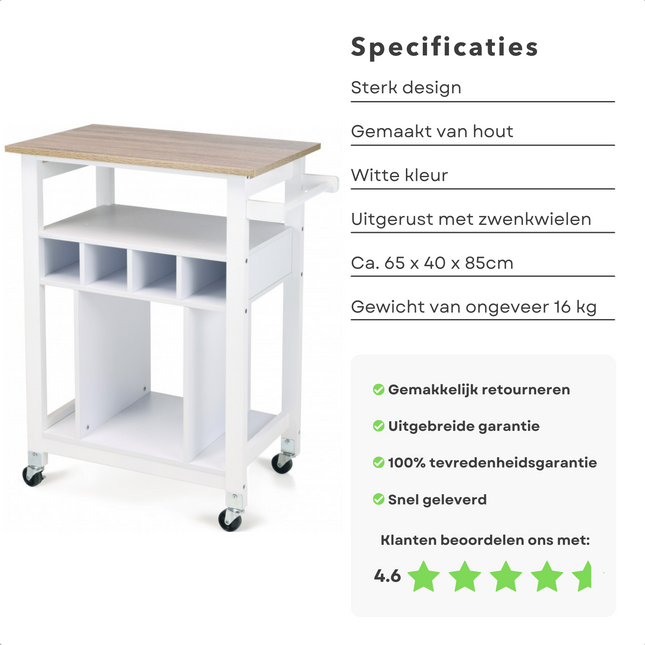 Cheqo® Trendy Keukentrolley - Keukenrek - Opbergrek - 4 Zwenkwielen - Bruin Bovenblad - Trek-Duwgreep - 65x40x85cm - 16kg Keukentrolley