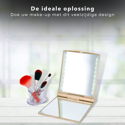Cheqo® Make-Up Spiegel met LED Verlichting - Verlichte Spiegel met LED-backlight - 3x Vergroting - 15x13.5cm - Goud met Wit - Op Batterijen Make-up spiegels