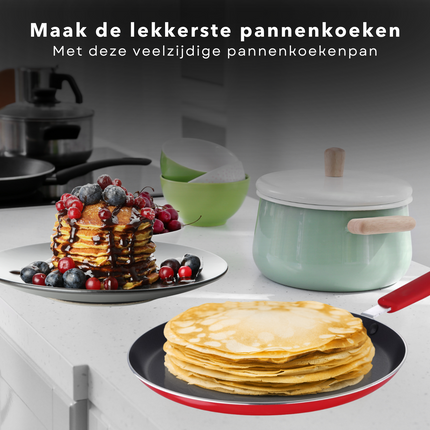 Cheqo® Pannenkoekenpan voor Inductie - ø24cm - Koekenpan - Alle Warmtebronnen - Geperst Aluminium - Anti-Aanbaklaag - Softtouch Handgreep - Ophangoog - Rood Koekenpan