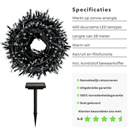 Cheqo® Solar Lichtsnoer - 400 LED - 24m + 4m - 6 cm - Warm Wit - Aan/Uit & Flits - Bewaarbox - Voor Buiten - Feestverlichting - Sfeerverlichting - Kerstverlichting - Lange Levensduur Lichtsnoeren