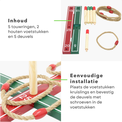 Cheqo® Houten Ringwerpspel - Touwringen - Werpspel - Buitenspel - Ringen Gooien - Ringen Werpen - 12-delig Vang- & Werpspellen