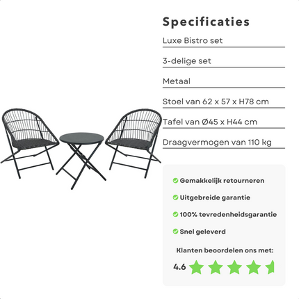 Cheqo® 3-Delige Tuinset met Bijzettafel - Metaal - Bistroset - Vouwbaar - Inklapbaar - Balkon - Tuin - 2-Persoons - Comfortabel - Lichtgewicht - Compact - Zwart - 15 kg - 62x57x78 cm - ø48x44 cm - 110 kg Draagkracht Tuinsets