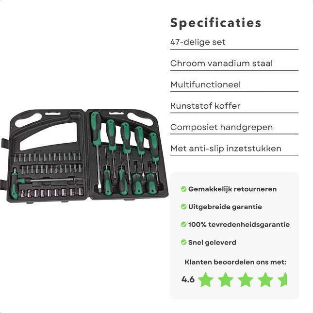Cheqo® 47-delige Schroevendraaier Set - Bitset en Doppenset in Gereedschaps Koffer - 3x75/5,5x75/6,5x100/8x150mm Sleuf, PH0x75/PH1x75/PH2x100mm Kruiskop - Carburateurschroevendraaiers - T-greep -  Doppen - Bits - Bitadapter Bitset