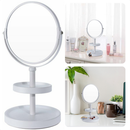 Cheqo® Dubbelzijdige Make-up Spiegel - Vergroot 3x - Matte Finish - 15cm Diameter - 25cm Hoogte - Metaal - 930 gram - Spiegeletagere - Wit Make-up spiegels