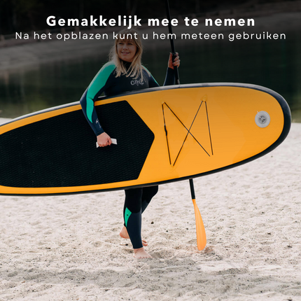 Cheqo® Complete SUP-Set - Opblaasbaar SUP Board - Stand Up Paddle Board - Tot 80kg - EVA Anti-Slip - Verstelbare Peddel - Met Rugzak en Handpomp - Oranje SUP Board