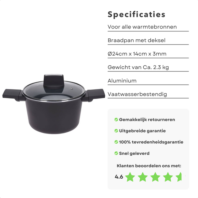 Cheqo® Braadpan met Deksel - Ø24cm - Aluminium - Alle Warmtebronnen - Ook voor Inductie Braadpan