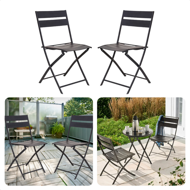 Cheqo® Bistrostoelen - Set van 2 - Tuinstoelen - Bistroset Stoelen - Geheel Opklapbaar - Aluminium - Zithoogte 49cm - Hoogte 83cm -  Donkergrijs Bistroset