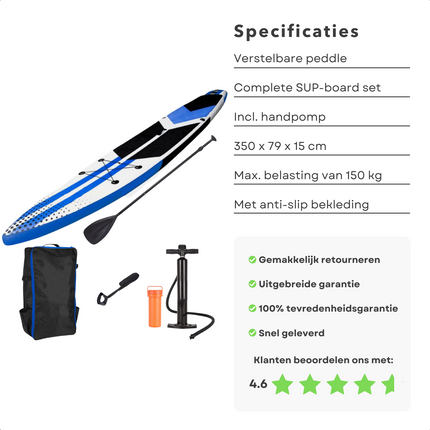 Cheqo® Complete SUP-Set - Opblaasbaar SUP Board - Stand Up Paddle Board - 350x79x15cm - EVA Grip - Double Layer - 150kg Belastbaar - Afneembare Vin - Aluminium Peddel - Handige Tas - Grote Pomp - Surf-Leash - 15kg SUP Board