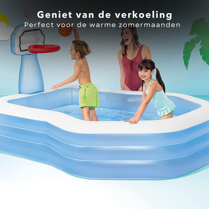 Cheqo® Opblaasbaar Zwembad - Opblaasbad - Zwembad - Opzetbad - Kinderbad - 257x188x130cm - 682L - Basketbalring & Bal - Reparatiemateriaal Opblaas Zwembad