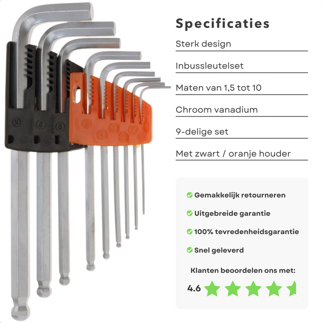Cheqo® Inbussleutels - 1,5 tot 10mm - Inbussleutelset - Stiftsleutelset - 9-delig Inbussleutelset