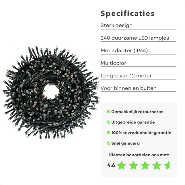 Cheqo® Kestboomverlichting - Kerstverlichting - 240 LED - 7.5cm - 18m - Multicolor - 3m Aanloopsnoer - Groen Snoer - IP44 - Binnen & Buiten Kerstboomverlichting