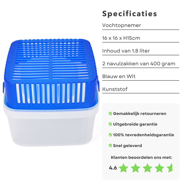 Cheqo® XL Vochtopnemer - Vochtvreter - Vochtvanger - 1.8L - 2x400g - 16x16x15cm - 2 Navulzakjes - Vochtbestrijding - Vochtregulatie - Vochtige Lucht - Luchtvochtigheid - Vochtigheid Reguleren Vochtvreters