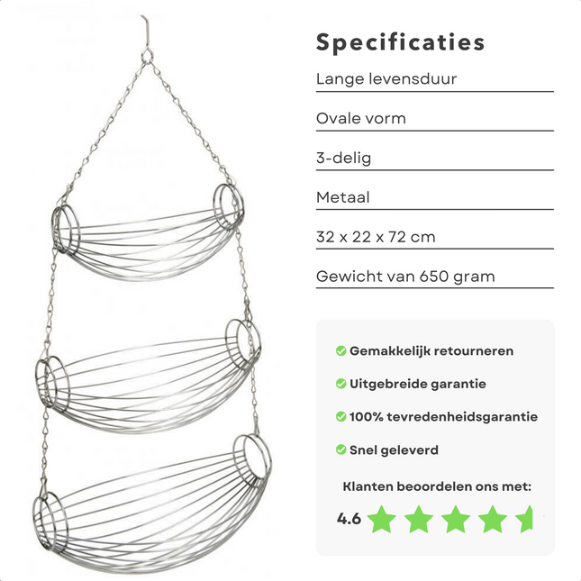 Cheqo® Fruitmand Hangend Model - Hangende Fruitschaal - Hangmand - Fruitschaal Ophangbaar - 3-delig - Metaal - Ovaal - 32x22x72cm Fruitschaal