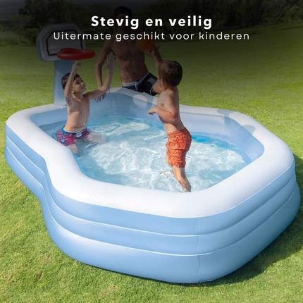 Cheqo® Opblaasbaar Zwembad - Opblaasbad - Zwembad - Opzetbad - Kinderbad - 257x188x130cm - 682L - Basketbalring & Bal - Reparatiemateriaal Opblaas Zwembad