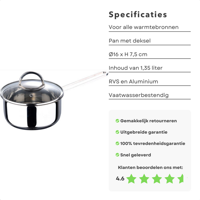 Cheqo® Sauspan met Deksel - Kookpan - Steelpan - Ø16cm - 1.35L - RVS & Aluminium - Gas, Keramisch, Elektrisch & Inductie - Vaatwasserbestendig - Inclusief Glazen Deksel met Stoomgat - Met Maataanduiding Sauspan