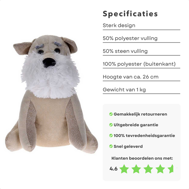 Cheqo® Deurstopper Hond Grijs - 1 kg Zware Deurbuffer - Deurwig - Deurdranger - 26 cm Hoog - 50% Polyester + 50% Steen - 100% Polyester - Wit Deurstopper