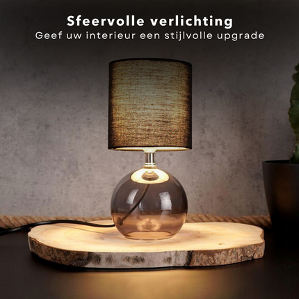Cheqo® Tafellamp met Zwarte Lampenkap - 24cm - Zwart - Glazen Basis - Nachtkastje Lamp - Aan/Uit-Schakelaar - 150cm Snoer - E14 Tafellamp