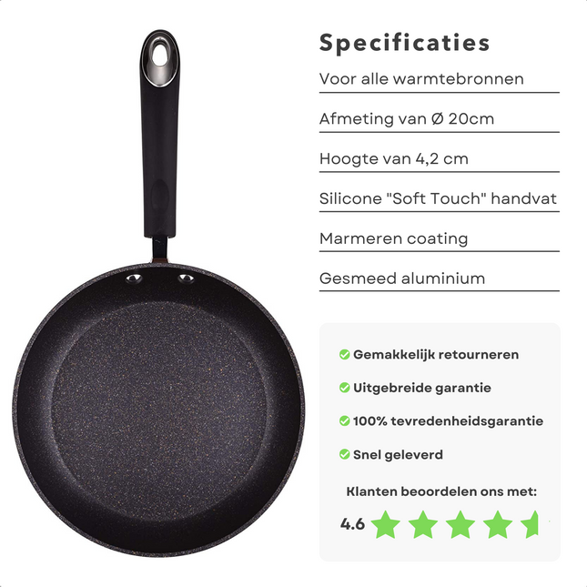 Cheqo® Koekenpan Ø20cm - Inductie - Vervaardigd uit Gesmeed Aluminium - 3-Lagen Marmer Coating-| Soft Touch Handgreep - PFOA-Vrij - Geen Lood & Cadmium - Inductie - Vaatwasserbestendig - Lange Levensduur - Gelijkmatige Warmteverdeling Koekenpannen
