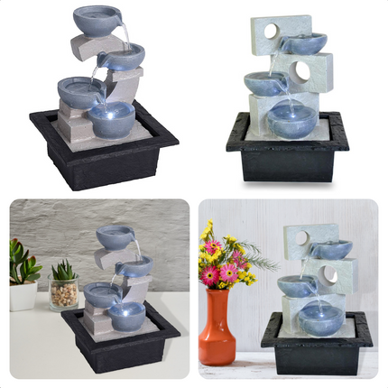 Cheqo® Waterfontein Binnen met LED - Fontein voor Binnen - Waterval - Modern - Polystone/Polyresin - LED (wit) - 30cm - Ornament voor Binnen (IP20) - 150cm Kabel Fonteinen