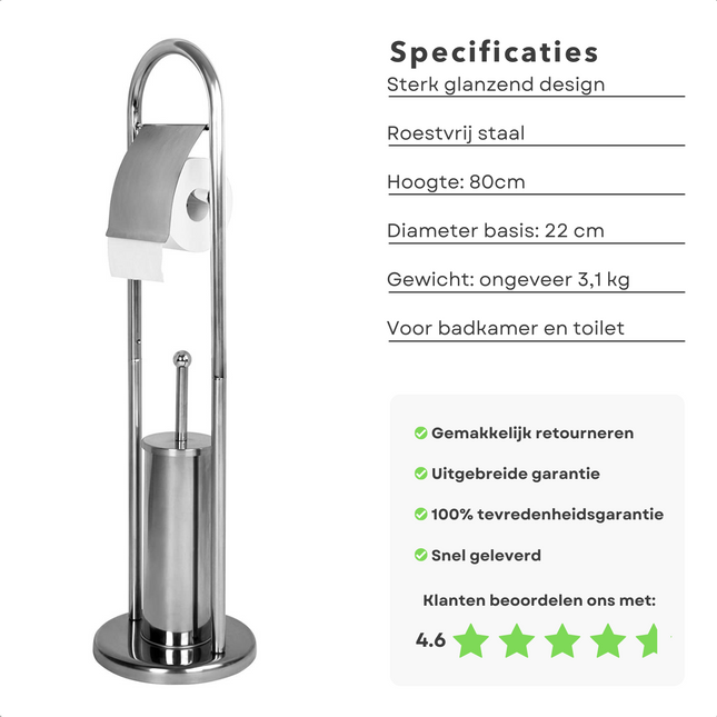 Cheqo® Toiletrolhouder met Toiletborstel - Rolhouder Staand - RVS-Glanzend - Staande Toiletset - 80cm Hoogte - Perfect voor Badkamer en Toilet Toiletrolhouder