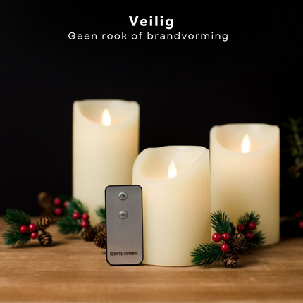 Cheqo® Set van 3 LED Kaarsen met Afstandsbediening - Realistische Led Kaarsen - Lichtgevende Kaarsen -Realistisch Vlameffect - Wax - 15, 12.5 & 10 cm Hoogte - 7.5 cm Diameter - Incl. Knoopcelbatterij Led-kaarsen