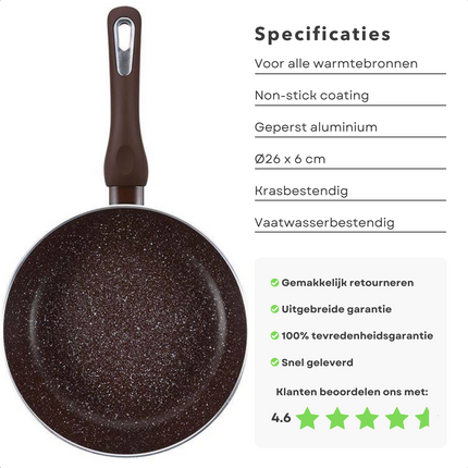 Cheqo® Koekenpan 26cm - Hoge Rand - Geperst Aluminium - Non-Stick Marble Coating - Soft-Touch Handgrepen - Inductiebodem - Vaatwasserbestendig - Krasbestendig - PFOA-Vrij - Alle Warmtebronnen - Ook Geschikt voor Inductie Koekenpan
