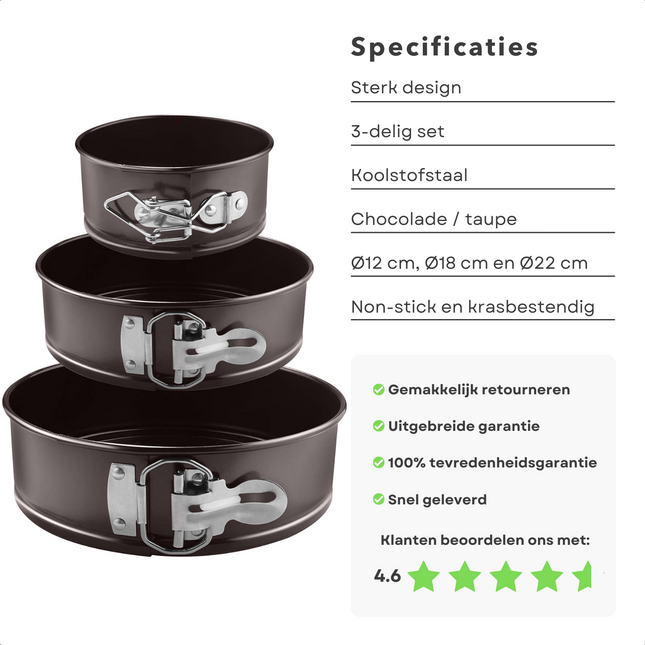 Cheqo® 3-delige Springvormen Set - Koolstofstaal - Non-Stick & Krasvast - Taupe - Ø12cm, Ø18cm & Ø22cm - Taartvorm Set Taartvorm