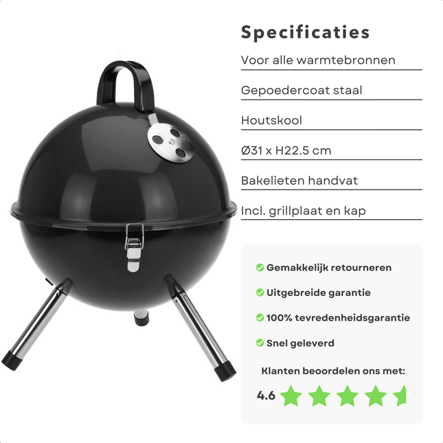 Cheqo® Luxe Kogelbarbecue - Houtskool BBQ - Houtskoolbarbecue - Ø31cm - Zwart BBQ