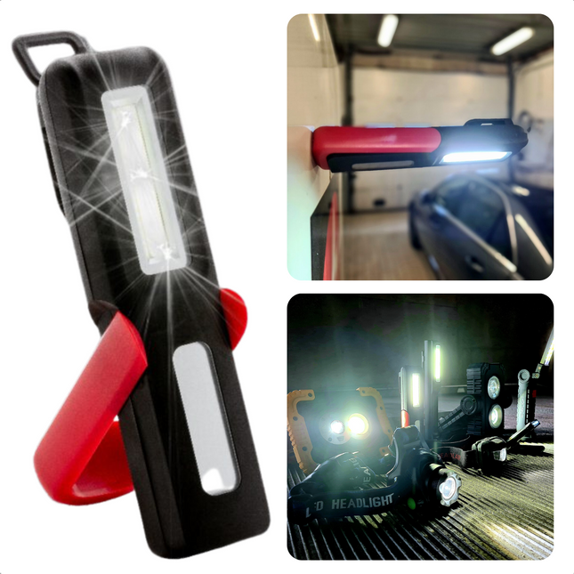 Cheqo® Werk & Inspectie LED Lamp - Bouwlamp Oplaadbaar - Draagbare Werklamp - Tentlamp - USB-Oplaadbaar - 150 Lumen - COB LED-Licht - In- & Uitklapbare Standaard - Magneet en Ophangen - 16x4x2cm - 2014/30/EU Normering Bouwlamp