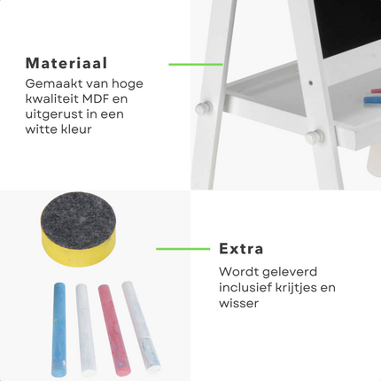 Cheqo® Tekenbord - Krijtbord - Schoolbord - Hout - Wit - Met Wisser en Krijtjes Tekenborden