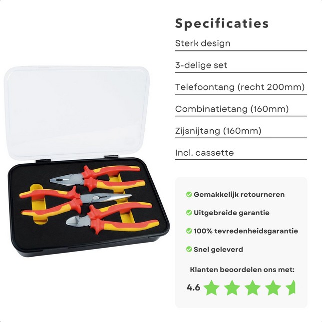 Cheqo® VDE 3-delige Tangenset in Cassette - 1000V Wisselstroom/1500V Gelijkstroom - Telefoontang 200mm - Combinatietang 160mm - Zijsnijtang 160mm - VDE & GS Gekeurd - Veilig - Electro - Installatie - Tang - In Opberg Cassette Tangensets