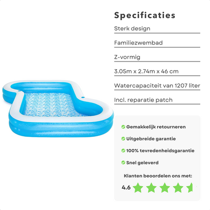 Cheqo® Familiebad - Opblaasbad - Opblaasbaar Zwembad - Z-vormig - 305x274x46cm - 1207L - 2 Ringen - 2 Loungegedeeltes - Extra Brede Zijwanden - 2 Bekerhouders Opblaas Zwembad