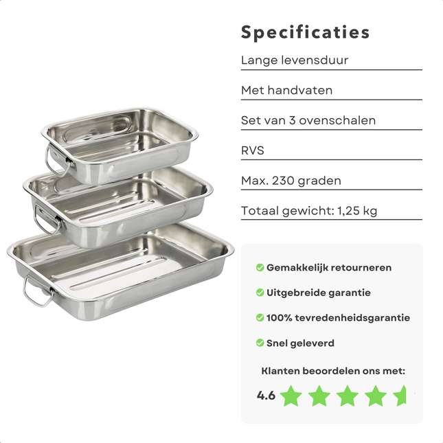 Cheqo® Braadslee Set - Braadslede Set - Ovenschalen - RVS - Set van 3 - 3 Bakvormen met Handvaten - Ovenbestendig - 27.5x20x6cm, 32x24.5x6cm, 37x28x6cm Ovenschalen