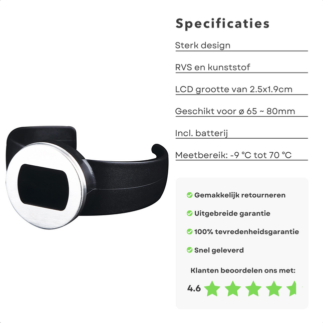 Cheqo® Digitale Wijn Thermometer - Thermometer voor Wijnfles - Wijn Accessoires - Meet Temperatuur - RVS & Kunststof - -9°C tot +70°C - 65-80mm Wijnthermometer
