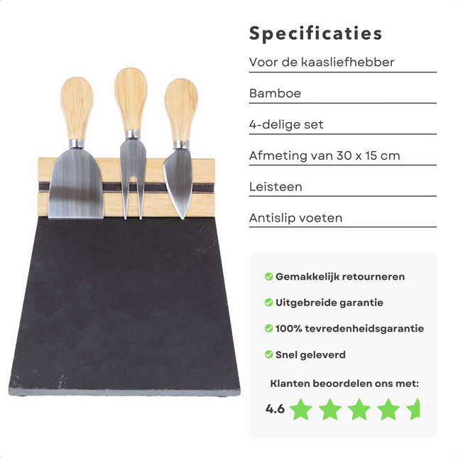 Cheqo® Kaasplankje - Kaasplank - Leisteen Serveerplank - Leistenen Kaasplank - 30x15cm - Kaasmessen - Bamboe - Antislip Voetjes Kaasplank
