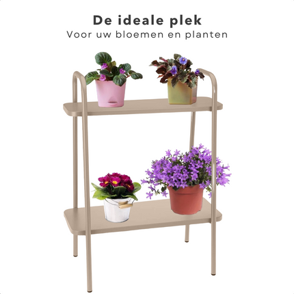 Cheqo® Metalen Bloemenrek - Plantenrek - Plantenhouder - Plantentafel - Taupe - 50x26x66cm - 2 Verdiepingen Plantenrekken