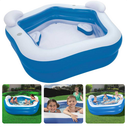 Cheqo® Vijfhoekig Familiezwembad - Opblaasbad - Zwembad Opblaasbaar - 575L - 206x213x69cm - 2 Bekerhouders - 2 Zitkussens - 2 Hoofdsteunen - Extra Brede Zijwanden Opblaas Zwembad