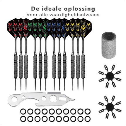 Cheqo® Dartset - 12x 22 gram Stalen Tip - 72-delige Set - Nikkel Plating Barrels - ALU Shafts - 120 Dartflights - Flight Beschermers - Rubberen O-ringen - Darts Slijper - 12 Dartpijlen - Cadeau - Vaderdag - Steeltip Dartpijlen