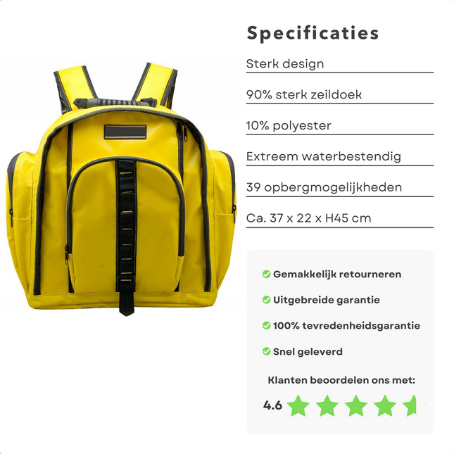 Cheqo® All-Weather Gereedschapsrugtas - Gereedschapstas - Gereedschapsrugzak - Rugzak voor Gereedschap - Waterbestendig - 39 Opbergmogelijkheden - Verstelbare Schouderriemen - 37x22xH45cm Gereedschapstas