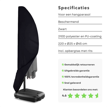 Cheqo® Parasolhoes voor Zweefparasol - Afdekhoes - 210D Polyester + PU Coating - Beschermt tegen Regen, Zon, Vorst, Vuil & Bladeren - Zwart - 220 x Ø25 x Ø45 cm - Met Opbergzak Tuinmeubelhoezen