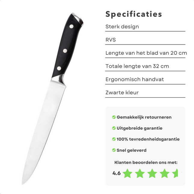 Cheqo® PRO Vleesmes - Trancheermes 20cm - RVS - Slicer Knife - Chefmes - Koksmes Koksmes