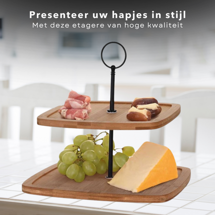 Cheqo® Bamboe Etagere - Serveerplank - Serveertoren - 2-laags - 25x25cm - Rechthoekig - H23.5cm - Multifunctioneel Opbergsysteem Etagere