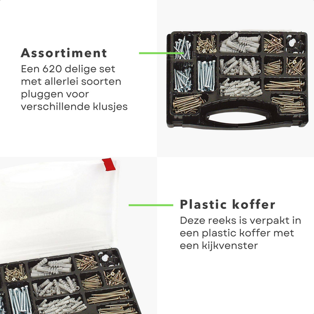Cheqo® Houtschroeven & Pluggen Set - 620 delig - Alles-in-1 Doos - 6 mm - 8 mm - 10 mm Assortimentsdozen