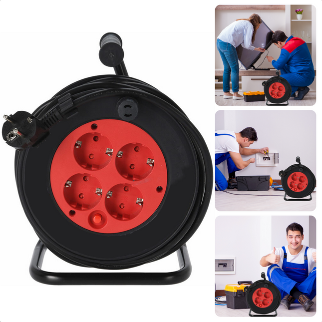 Cheqo® Kabelhaspel 15m - Haspel - Verlengsnoer - 4 Stopcontacten - IP20 - 3x1.5mm2 - Randaarde - Kinderbeveiliging - Thermische Beveiliging - Ergonomisch Handvat - 3000W Max. Vermogen - 1000W Max. Vermogen - Alleen Binnenshuis. Kabelhaspels