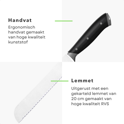 Cheqo® Broodmes - Kartelmes - 20cm - RVS - Bread Knife - Zagend Snijden - Kunststof Heft - Ergonomisch Gevormd - 32cm Broodmes