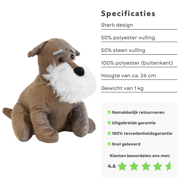 Cheqo® Deurstopper Hond Grijs - 1 kg Zware Deurbuffer - Deurwig - Deurdranger - 26 cm Hoog - 50% Polyester + 50% Steen - 100% Polyester - Bruin Deurstopper