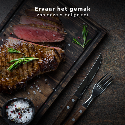 Cheqo® 6-delige Steakvorken Set - 19,5 cm - Roestvrij Staal & Houten Handvat - Perfect voor BBQ - Steak Vorken Vorken