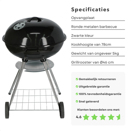 Cheqo® Kogelbarbecue - Ø46 cm - Ronde Metalen BBQ - Voor Houtskool & Briketten - 2 Grote Wielen - Verchroomd Voorraadschap - Kookhoogte 78cm - Opvangplaat - Gewicht 5kg - GS/TÜV Keuring - Barbecue BBQ