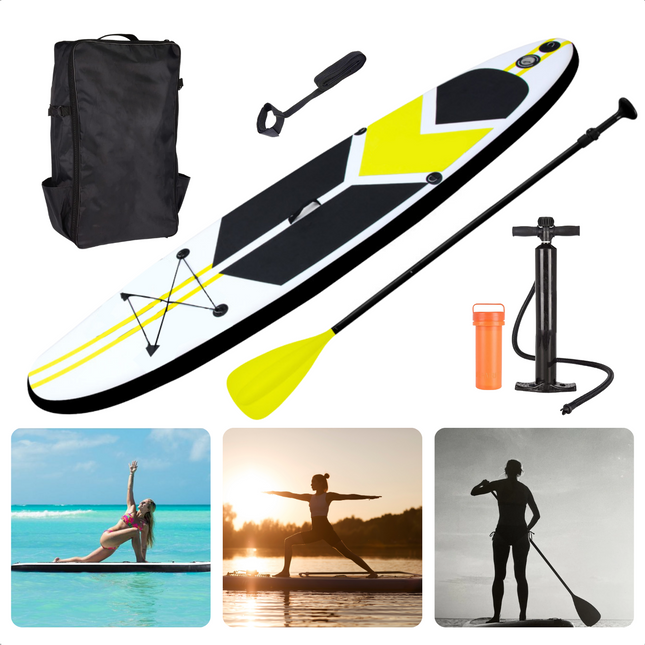 Cheqo® Complete SUP-Set - Opblaasbaar SUP Board - Stand Up Paddle Board - 305cm - Tot 100kg - Ideaal voor Beginnende & Gevorderde Peddelsurfers - Afneembare Vin - Met Pomp & Reparatiekit - Surf-Leash - Polyester Rugtas - Lime SUP Board