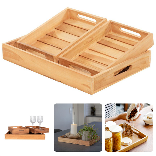 Cheqo® 3-delige Set Houten Dienbladen - Dienblad Set - Ontbijt op Bed - Decoratief Dienblad - Kaarsenplateau Decoratieve dienbladen